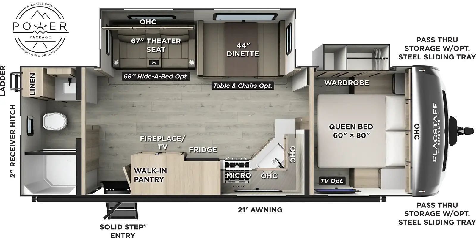 The Flagstaff Super Lite Travel Trailers 26RBWS floorplan has one entry and two slide outs. Exterior features include: fiberglass exterior and 21' awning. Interiors features include: free-standing dinette option, front bedroom and rear bathroom.